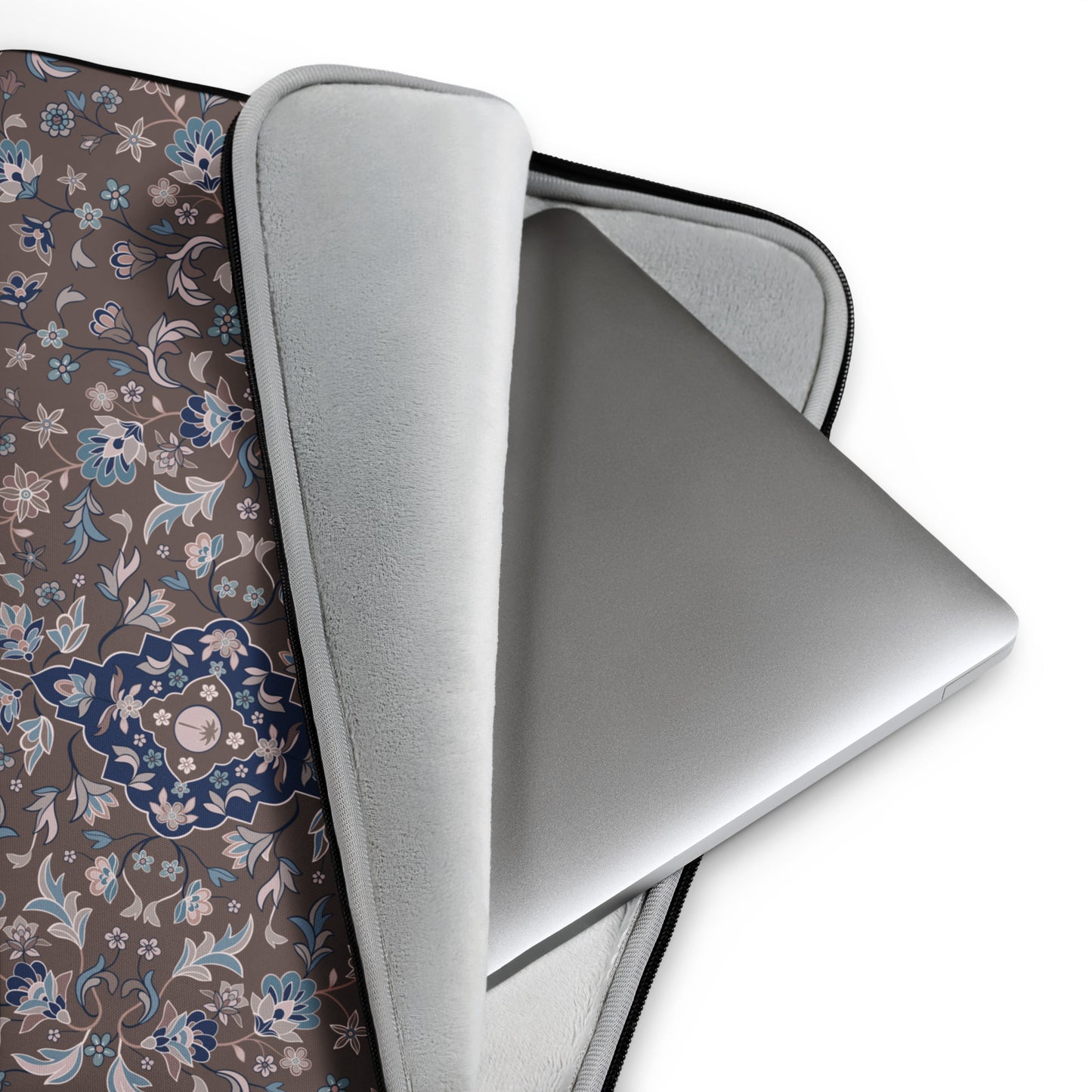 Haramain Brown Laptop Sleeve islamic gift with intricate floral interior and a laptop inside.